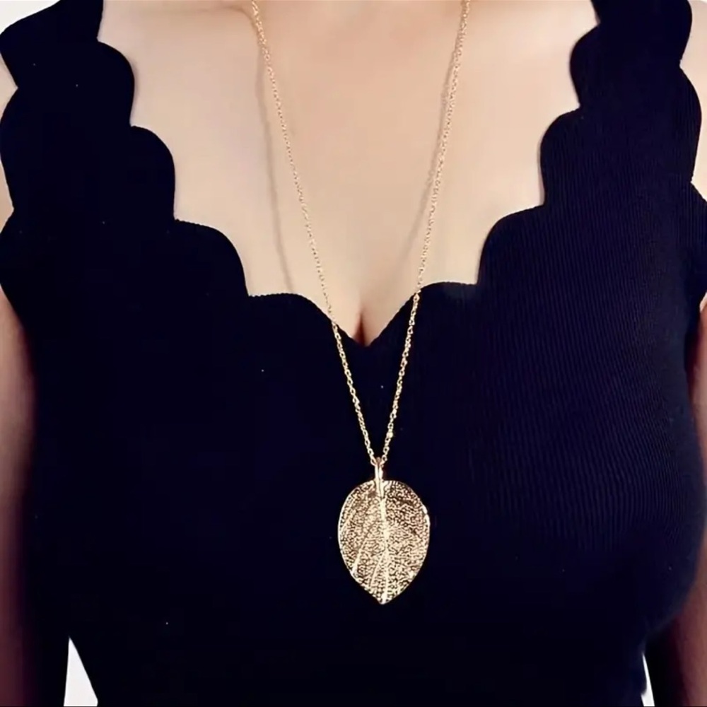 Golden Leaf Pendant Long Necklace